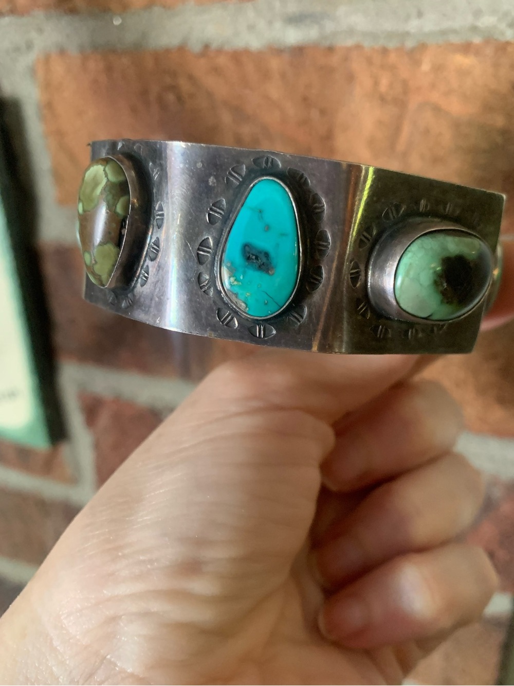 Beautiful, Unusual, Hopicrafts Turquoise Sterling Geometric Bangle
